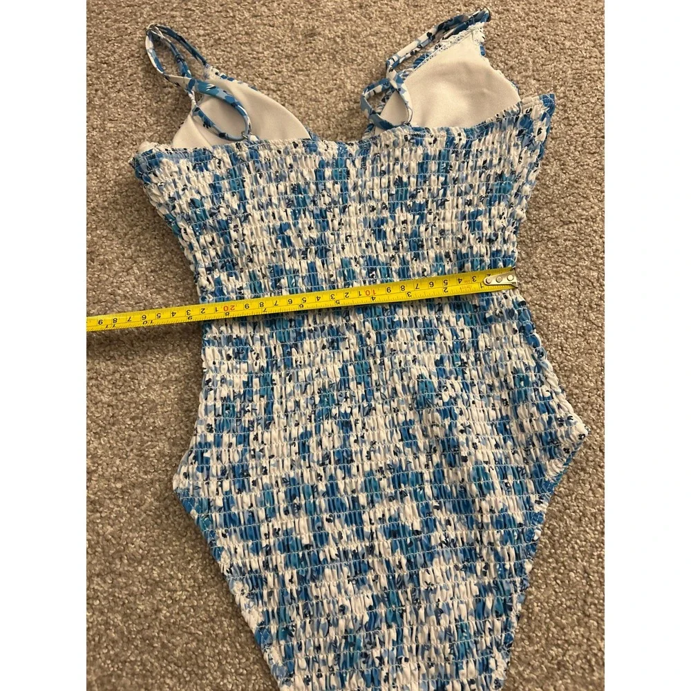 Vintage Smocked One Piece Swimsuit Womens Blue White Floral Excellent High Cut